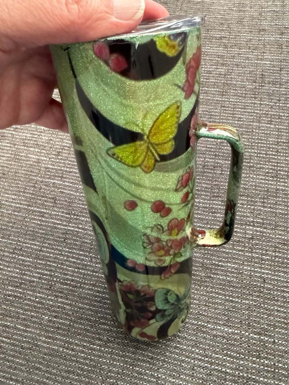 Custom Glitter Tumbler with Handle Butterfly and Flower Design